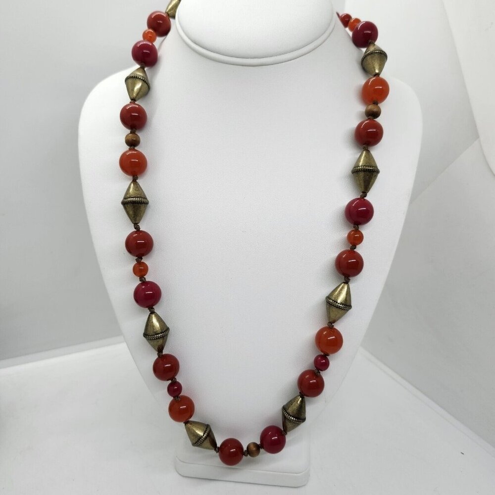 Xc Glass Wood and Brass bead necklace‎